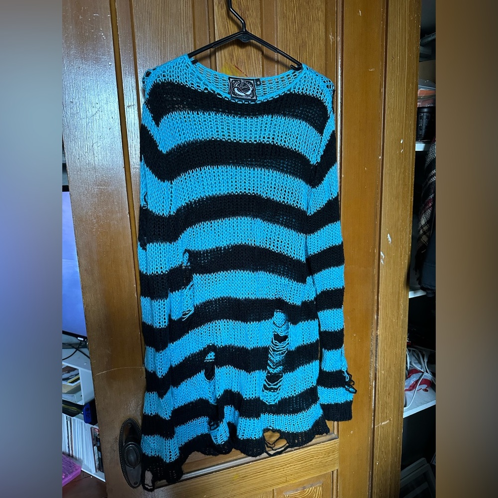 Kill Star Teal Knit Distressed Sweater